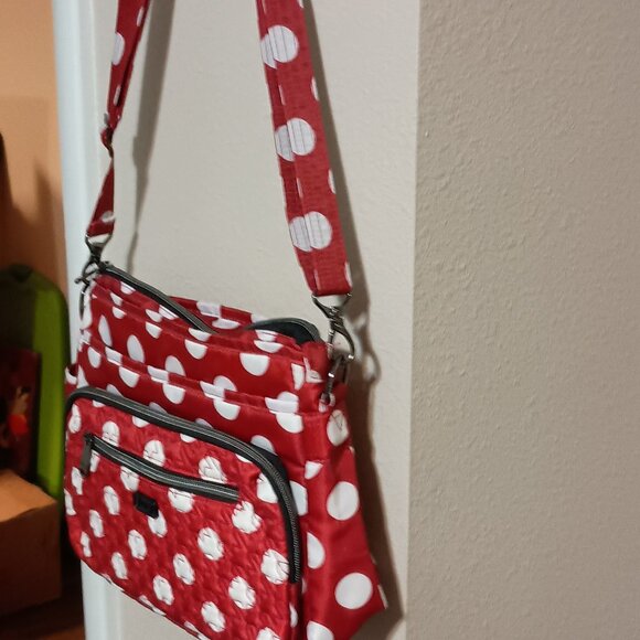 Lug Shimmy Crossbody Shoulder Bag Purse Red White Polka Dots Multiple Pockets - Picture 5 of 16